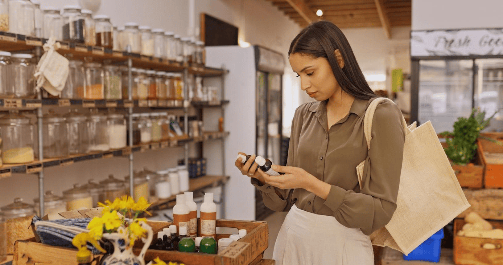 Femme examinant l'étiquette d'un produit dans une épicerie vrac