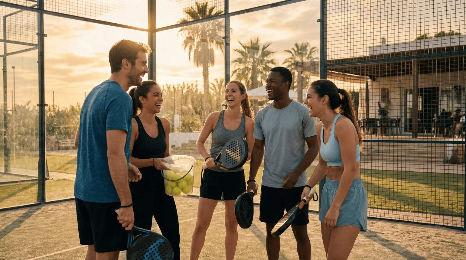 Groupe d'amis riant sur un terrain de padel au coucher du soleil
